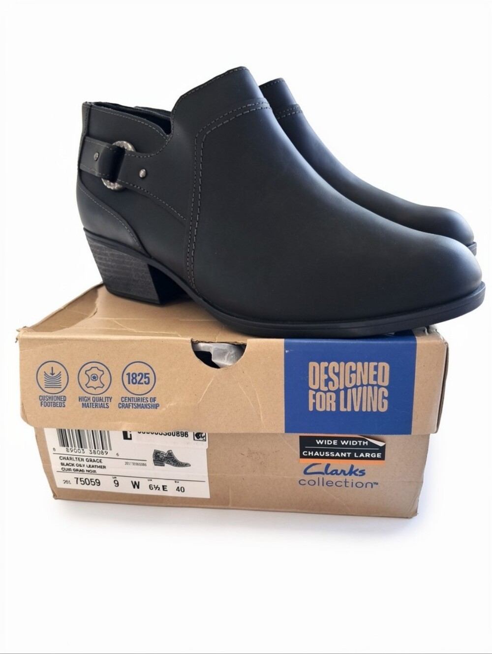 Clarks Charlten Grace Leather Black Ankle Boots Size 9W Wide Width New